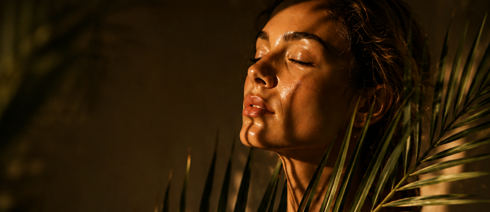 Woman with eyes closed surrounded by palm leaves in a warm, dimly lit setting
